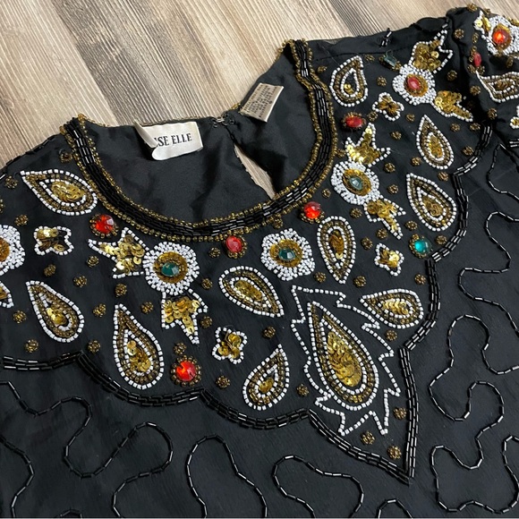 Denise Elle Black Silk Embellished Beaded Blouse Women’s Size Small - Picture 1 of 5
